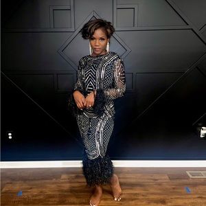 ASOS DESIGN long sleeve embellished sequin midi dress with faux feather trims